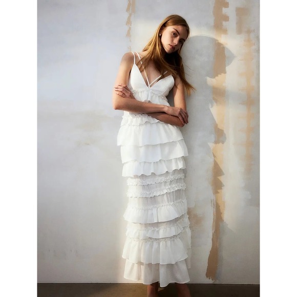 H&M Dresses & Skirts - NWT H&M Divided White Tiered Ruffle Maxi Dress Strappy V-Neck XL New